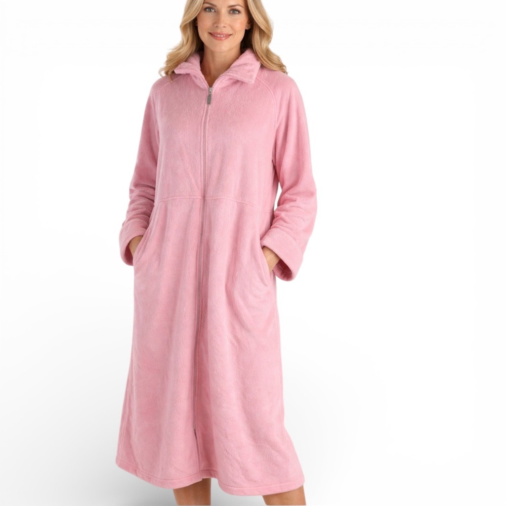 Jasmine Rose Pink Martini Fleece Zip Front Long Robe Lounger 1X NWT